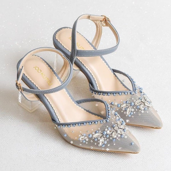 gray pointed toe transparent party shoe, bridesmaid flat shoe, wedding guest shoe, elegant evening shoe, classy pearl beaded shoe
