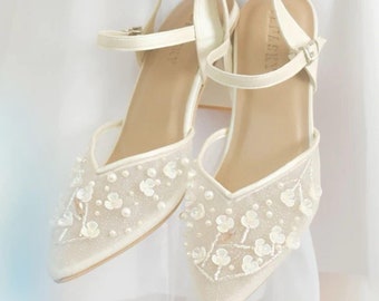ivory floral beaded pointed toe shoe, classic elegant wedding guest heels, ankle strap embroidery shoe, art deco party heels
