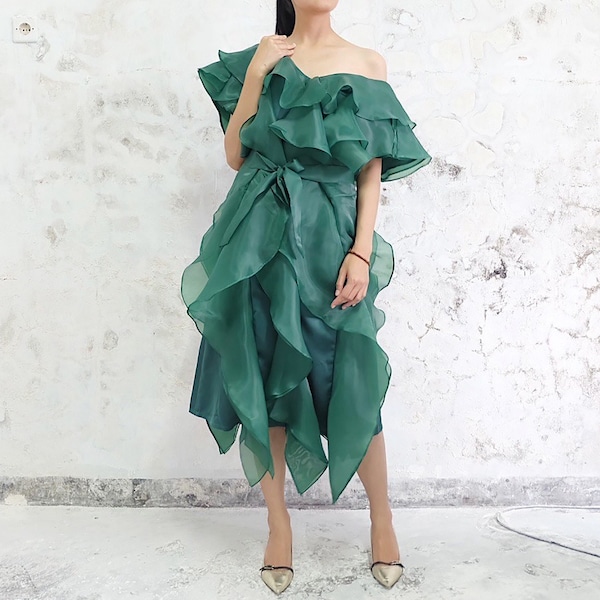 emerald green party ruffle dress, off shoulder wedding guest dress, classy elegant summer dress, pretty organza gown, feminine ruffle dress