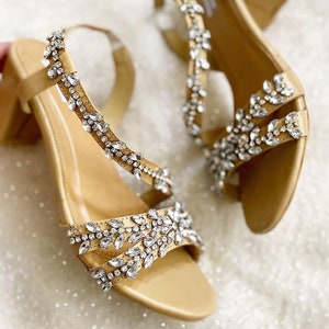 gold rhinestone wedding high heels, simple bridal sandals, custom beaded comfort sandal, peep toe elegant heels, classy floral low heels