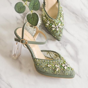green lace pointed toe shoe, pearl applique wedding shoe, elegant wedding guest shoe, ankle strap classy bridal shoe, garden party flat shoe