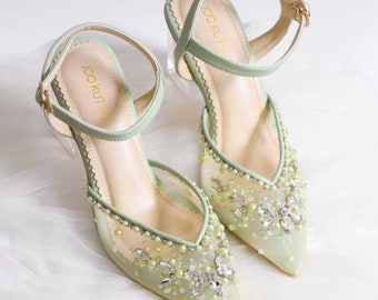 sage green pointed toe beaded party shoe, elegant embroidery wedding guest shoe, minimalist simple pearl shoe, custom party ankle strap shoe