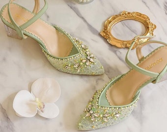 Mint green lace party heels, custom bridal high heels, vintage handmade heels, embroidered shoes, cinderella party shoe, elegant glam heels