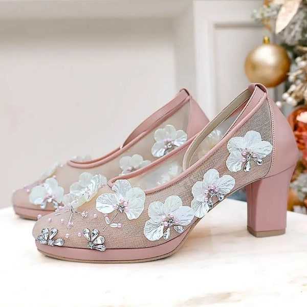 dusty rose 3d flower pump bridal shoe, pretty pink cinderella unique shoe, flower wedding heel, bridesmaid shoe, blush pink custom heel shoe