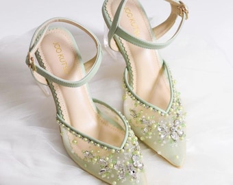 Zapato de fiesta con cuentas y punta puntiaguda en color verde salvia, elegante zapato de invitada de boda con bordado, minimalista y sencillo con perlas, zapato de fiesta personalizado con tira en el tobillo.