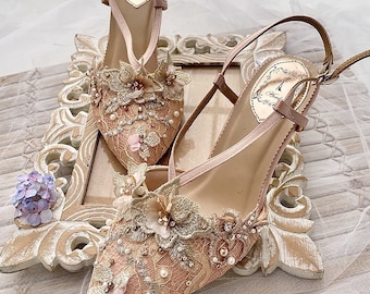 Gold heels with flowers hotsell