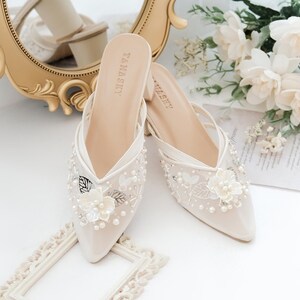 ivory beaded floral mules, classic embroidery party sandal, elegant handmade platform wedding shoe, white classy transparent mule