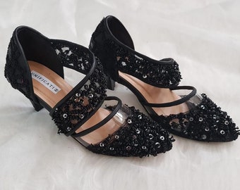 beaded pointed toe heels bridal shoes, formal women shoes sequin, black wedding shoes, glam elegant embroidered pointed toe heels black