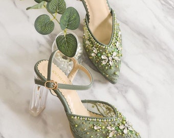 green lace pointed toe shoe, pearl applique wedding shoe, elegant wedding guest shoe, ankle strap classy bridal shoe, garden party flat shoe