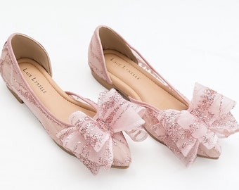 pink ribbon glitter flat shoe, glam party simple shoe, low heels comfortable shoe, pointed toe casual elegant shoe, valentine shoe