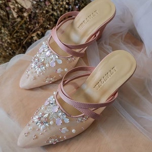 dusty pink floral embroidery beaded mules, rhinestone tule clogs heels, wedding guest sandals, elegant transparent mules, bling glamour heel