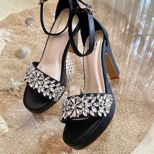 rhinestone party high heels, crystal beaded block heel sandal, simple prom heels, elegant bridal shoes, classy evening party open toe heels