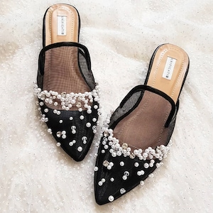 black transparent woman formal mules, mesh tulle embroidered mule, pearl embellishment sandal, pointed toe low heel mules. casual mule