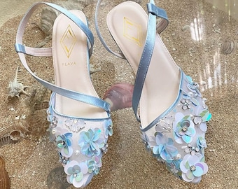 blue floral beaded pretty shoe, elegant classy flower pointed toe shoe, cute party princess flat shoe, handmade embroidery evening shoe heel