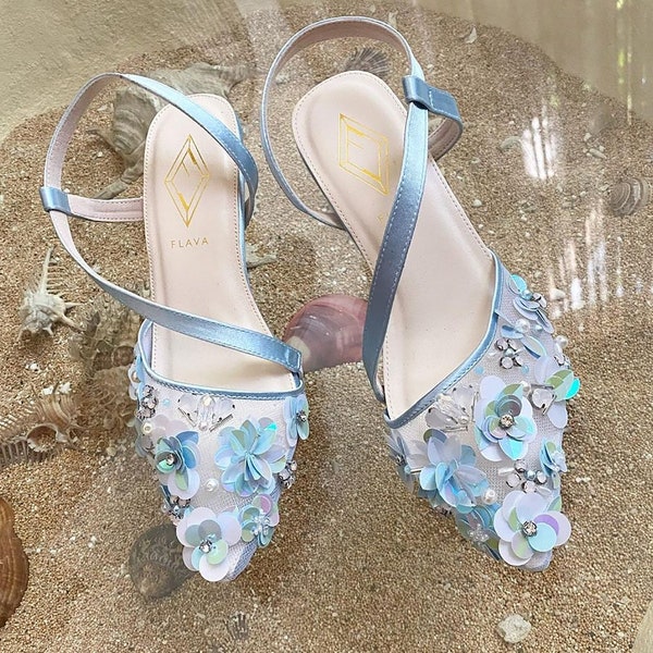 blue floral beaded pretty shoe, elegant classy flower pointed toe shoe, cute party princess flat shoe, handmade embroidery evening shoe heel