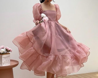 blush pink organza fairytale dress, dusty rose rehearsal dinner dress, baby doll organza puff sleeves, custom size wedding guest dress