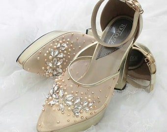 gold transparent classy bridal shoe, cocktail party ankle strap high heels, custom embroidered heels, simple elegant shoe, glam party shoe