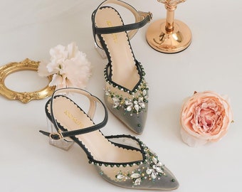 dark green elegant pearl party shoe, rhinestone beaded emerald green shoes, wedding guest simple handmade shoe, classy formal custom shoes