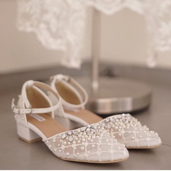 white lace wedding flat shoes, tulle bridal custom heels, elegant party white shoes, graduation heels, pointed toe ankle strap shoe