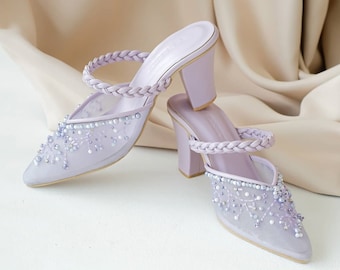 lavender pointed toe heels sandal, lilac formal party high heels, beaded embroidery heel, purple prom heel shoe, cute party mule