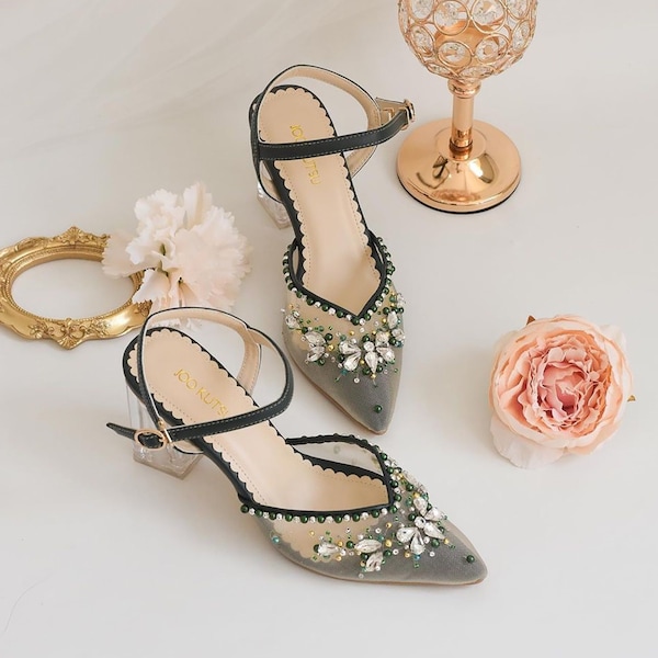 dark green elegant pearl party shoe, rhinestone beaded emerald green shoes, wedding guest simple handmade shoe, classy formal custom shoes