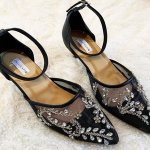 black elegant slingback flat shoe, pointed toe transparent shoe, beaded formal floral heels, sequin embroidery ankle strap shoe, party shoes