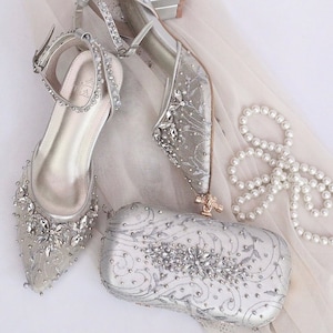 silver wedding shoe and clutch, pearl beaded bridal shoe heels, embroidered evening clutch silver, princess transparent silver wedding heel