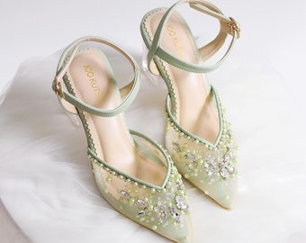 sage green pointed toe beaded party shoe, elegant embroidery wedding guest shoe, minimalist simple pearl shoe, custom party ankle strap shoe