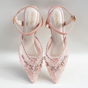 rose gold beaded party shoe glass heels, bridesmaid handmade princess shoe, ankle strap pearl fairytake shoe, elegant classy wedding shoe