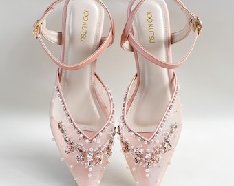 rose gold beaded party shoe glass heels, bridesmaid handmade princess shoe, ankle strap pearl fairytake shoe, elegant classy wedding shoe