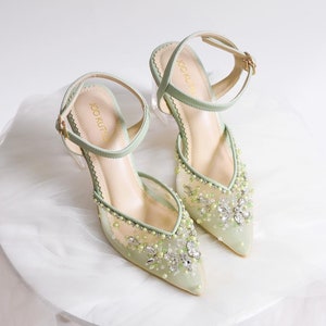 sage green pointed toe beaded party shoe, elegant embroidery wedding guest shoe, minimalist simple pearl shoe, custom party ankle strap shoe