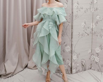 mint green ruffled organza dress, layered princess classy dress, pretty prom dress, engagement woman dress, pre-wedding dress, elegant dress