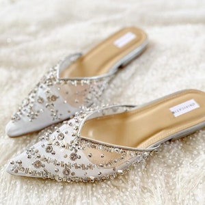 silver crystal beaded transparent mule, sequin embroidery wedding sandal, elegant classy party mule, pointed toe princess simple sandal