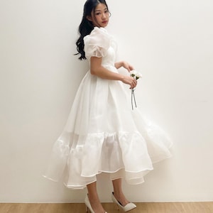 fairytale organza puff sleeves dress, princess baby doll bishop sleeves gown, rustic cottagecore rehearsal dress, bridesmaid simple dress
