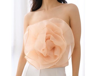 top de tubo de organza rosa melocotón, top de cultivo de flores sin tirantes, top floral de jardín, top bustier elegante, top de rosas enormes, top naranja con clase