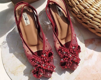 red handmade ribbon flat shoe, transparent pearl embellishment pump shoe, classy beaded simple shoe, pretty elegant evening party shoe