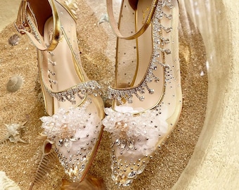 gold clear cinderella pump shoes, crystal wedding shoes elegant heels, glitter princess party heels, gold glamour pointed toe shoes