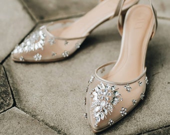 transparent ankle strap bridesmaid shoe, pretty beige pointed toe shoe, evening party cinderella flat shoe, simple classy rhinestone shoe