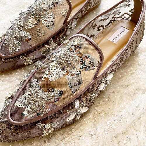 Dark gray sequin embroidery flat shoe, formal elegant shoes, slip on shops transparent shoes, tulle beaded floral shoes, gift for woman shoes