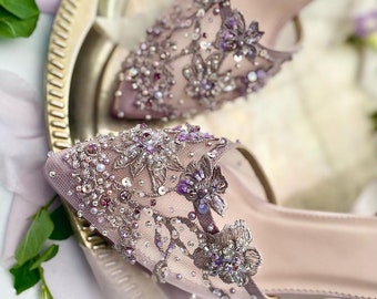 handmade lace floral lavender wedding shoe, purple embroidery bridal shoe, beaded elegant wedding high heels, pretty classy transparent shoe