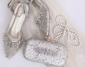 silver wedding shoe and clutch, pearl beaded bridal shoe heels, embroidered evening clutch silver, princess transparent silver wedding heel