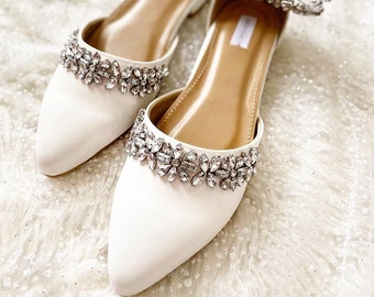 white rhinestone classy wedding shoes, elegant pointed toe bridal heels, wedding heels crystal simple, art deco block heels wedding shoes