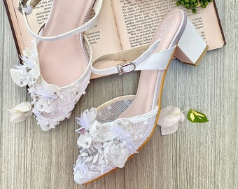 chaussure de mariée élégante florale 3D blanche, chaussure de mariage en dentelle unique personnalisée, chaussure plate femme broderie simple, chaussure plate de soirée à orteil pointu