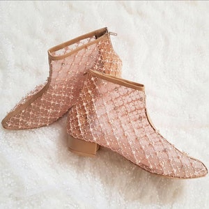 lace rose gold wedding ankle boots, embroidery beaded formal shoe, custom elegant shoe, simple unique glam wedding boot