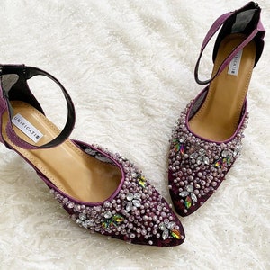 plum lace embroidery pointed toe shoe, ankle strap rhinestone handmade shoe, mother of bride classy shoe, wedding guest block heels