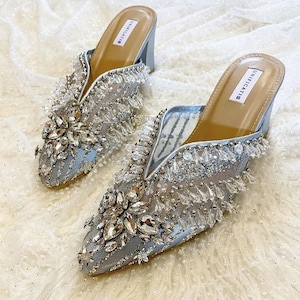 silver beaded glamour wedding mules, bridal silver clear high heel, embroidery crystal slip on wedding, beaded women mule, gray fancy sandal