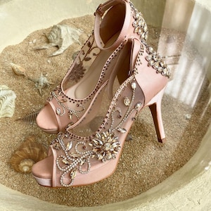 suede rose gold crystal wedding heels, embroidery sequin bridal heels, flower theme rustic wedding heels, peeptoe heel embroidered swarovski