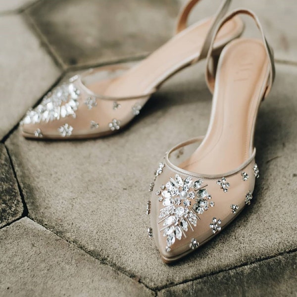 transparent ankle strap bridesmaid shoe, pretty beige pointed toe shoe, evening party cinderella flat shoe, simple classy rhinestone shoe