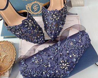 Navy Blue Lace Embellishment Wedding Set Custom Party Shoe Bag Matching Floral Embroidered Bridal Shoe Vintage Elegant Shoe and Clutch Etsy