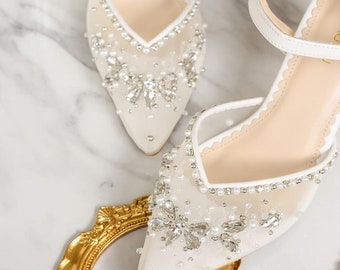 white pointed toe transparent bridal shoe, handmade crystal beaded wedding shoe, elegant classy ankle strap shoe, wedding heel, holiday shoe